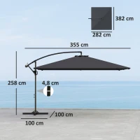 Outsunny Parasol déporté rectangulaire 3,6x3,9 m avec manivelle, base en croix, parasol inclinable et rotation à 360°, gris(m-3)