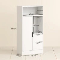 HOMCOM Meuble de salle de bain, meuble de rangement étroit avec 2 tiroirs, compartiments ouverts, 50x25x100cm, blanc(m-3)