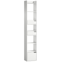 HOMCOM Estantería para Libros con 2 Cajones y Puerta Librería Estrecha con 6 Estantes Abiertos 32x24x181,5 cm Blanco