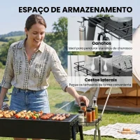 Outsunny Barbecue a Carvão com 2 Grelhas de Aço Inoxidável Portátil com 2 Prateleiras para Temperos com Ganchos 77x30x70 cm Preto(m-6)