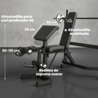 HOMCOM Banco de Musculación Multifuncional Banco de Pesas con Respaldo Inclinable y Soporte de Barras Altura Ajustable para Entrenamiento Cuerpo Completo Ginmasio Carga 300 kg 187x140x117-136 cm Negro(m-8)