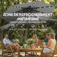 Outsunny Parasol Déporté Parasol de Jardin LED Solaire 32 Lampes LED Manivelle UV 50+ et Housse de Protection Ø 295cm Gris(m-7)