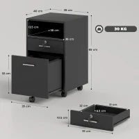 Vinsetto Cassettiera da Ufficio Portadocumenti in Legno con 2 Cassetti e Ripiano Aperto, 39x40x65 cm, Nero(m-3)