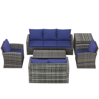 Outsunny 6 Pieces Rattan Garden Furniture Set, 7 Seater Wicker Outdoor Furniture Set with Storage Tea Table & Side Table, Sectional Garden Sofa Set with Cushions, Navy Blue(m-11)