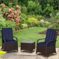 Outsunny 3 Pieces Rattan Bistro Set with Furniture Cover, Wicker Garden Furniture Set, Glass Top Coffee Table and Chairs with Cushions for Outdoor, Patio, Balcony, Dark Blue(m-2)