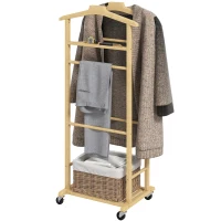 HOMCOM Servomuto 4 in 1 a Rotelle con 2 Aste, Vassoio Svuota Tasche e Ripiano per Scarpe, in Bambù, 47x33.7x105.5 cm(m-6)