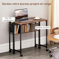 HOMCOM Bureau pliable sur roulettes 80 x 50 cm avec étagère et sac de rangement, brun rustique(m-5)