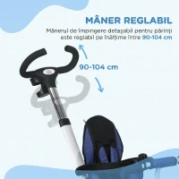 HOMCOM Triciclu Pătuț pentru Copii cu Mâner, Parasolar Reglabil și Centură de Siguranță, Albastru Închis(m-17)
