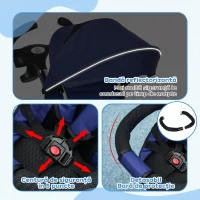 HOMCOM Triciclu Pătuț pentru Copii cu Mâner, Parasolar Reglabil și Centură de Siguranță, Albastru Închis(m-18)