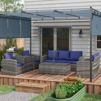 Outsunny 6 Pieces Rattan Garden Furniture Set, 7 Seater Wicker Outdoor Furniture Set with Storage Tea Table & Side Table, Sectional Garden Sofa Set with Cushions, Navy Blue(m-2)
