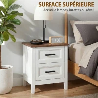 HOMCOM Table de chevet, table de nuit avec 2 tiroirs, plateau effet bois, style rustique, pour chambre à coucher, salon, blanc(m-5)