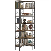 HOMCOM 6-stufiges L-förmiges Bücherregal, freistehendes Eckregal mit Metallrahmen, rustikal braun(m-11)