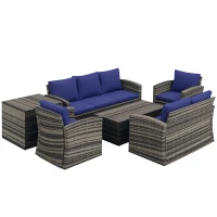 Outsunny 6 Pieces Rattan Garden Furniture Set, 7 Seater Wicker Outdoor Furniture Set with Storage Tea Table & Side Table, Sectional Garden Sofa Set with Cushions, Navy Blue(m-1)