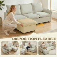 HOMCOM Canapé 3 places avec pouf de rangement, canapé d'angle modulable 212 cm, coussins à ressorts, tissu en lin, crème(m-5)