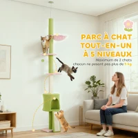 PawHut Arbre à chat du sol au plafond 5 niveaux hauteur réglable 220-240 cm plateformes fleur avec griffoir niche hamac vert(m-6)