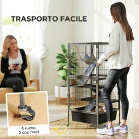 PawHut Gabbia per Piccoli Animali a 4 Livelli con Rampe, Piattaforme, Amaca e Ruote, 52x52x115 cm, Grigio(m-7)