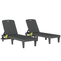 Outsunny Lot de 2 chaises longues de jardin en plastique PP avec plateau latéral, inclinables à 5 positions, gris(m-11)