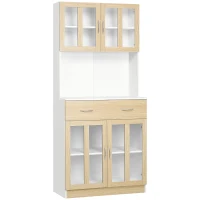 HOMCOM Alacena de Cocina con 4 Puertas de Vidrio Encimera Abierta Cajón Estantes Ajustables 80x40x180 cm Blanco y Natural(m-1)