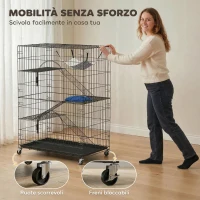 PawHut Gabbia Gatti a 4 Livelli con Amaca, Letto, Rampe e Piattaforme in Metallo con Ruote e Vassoio Estraibile, Nero(m-5)