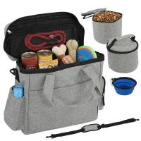 PawHut Dog Travel Bag Treat Bag with 2 Food Containers and Collapsible Bowl Pockets Light Gray(m-6)