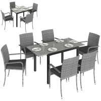 Outsunny 7 Piece Rattan Garden Furniture Set, 6 Seater Garden Table and 6 Stackable Chairs with Extendable Acacia Wood Tabletop(m-10)