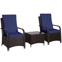 Outsunny 3 Pieces Rattan Bistro Set with Furniture Cover, Wicker Garden Furniture Set, Glass Top Coffee Table and Chairs with Cushions for Outdoor, Patio, Balcony, Dark Blue(m-1)