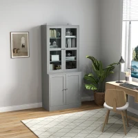 HOMCOM Bibliothèque vitrine, meuble de rangement à 6 niveaux avec 4 portes dont 2 en verre trempé, étagères réglables, gris(m-10)