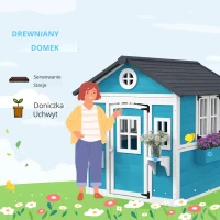 Drewniany domek dla dzieci z oknem, kwietnikiem i drzwiami(m-4)