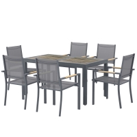 Outsunny Salon de Jardin Ensemble Mobilier de Jardin 7 Pièces Table Effet Bois 6 Chaises Empilables en Textilène 140x80x72cm Gris