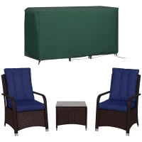 Outsunny 3 Pieces Rattan Bistro Set with Furniture Cover, Wicker Garden Furniture Set, Glass Top Coffee Table and Chairs with Cushions for Outdoor, Patio, Balcony, Dark Blue(m-10)
