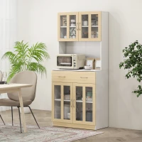 HOMCOM Alacena de Cocina con 4 Puertas de Vidrio Encimera Abierta Cajón Estantes Ajustables 80x40x180 cm Blanco y Natural(m-2)