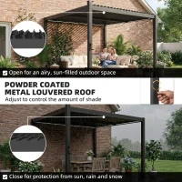 Outsunny 3 x 3 m Louvered Pergola with Solar LED lights, Metal Roof, Patio Gazebo Pergola Canopy with Drainage Gutters, Black(m-5)