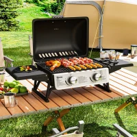 Outsunny Barbecue gaz de table transportable, 2 brûleurs 5,6 KW, barbecue gaz de camping avec étagères latérales, couvercle, noir(m-10)