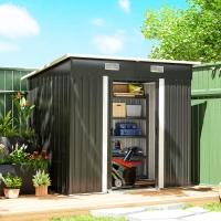 Outsunny 7 x 4ft Outdoor Storage Shed with Foundation Kit, Lean to Metal Garden Shed for Log, Rubbish Bin, Tool, Bike, Black(m-2)