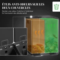 HOMCOM Poubelle de cuisine 2 compartiments de 2 x 20L, acier inoxydable, couvercle à fermeture douce, 45,8x36x51,6cm, noir(m-5)