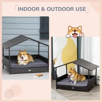 PawHut Wicker Dog Bed, Elevated Rattan Dog House with Removable Cushion and Canopy, for Small and Medium Dogs, 98 x 69 x 70cm - Grey(m-4)
