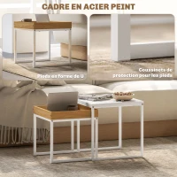 HOMCOM Lot de 2 tables basses gigognes carrées, tables gigognes de salon avec cadre en acier, style moderne, blanc(m-5)