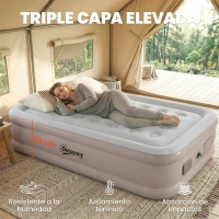 Outsunny Colchón Hinchable Individual Plegable con Bomba Inflado 3 Min Desinflado 2 Min Bolsa Carga 200 kg 190x97x39 cm Caqui(m-7)