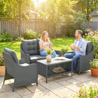 Outsunny 4-Piece Wicker Patio Furniture Set with 2 Armchairs, Loveseat, Glass Coffee Table, Conversation Sofa Set, Dark Grey(m-2)