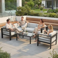 Outsunny 5-Piece Garden Corner Sofa Set with Cushions, 6 Seater Aluminium Garden Furniture Set with Coffee Table, Light Grey(m-2)