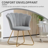 HOMCOM Fauteuil coquillage chaise coiffeuse fauteuil en velours fauteuil de salon avec pieds en acier 69 x 64 x 80 cm gris(m-6)
