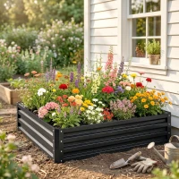 Outsunny Letto per Orto Rialzato a Fondo Aperto con Rivestimento, in Acciaio Zincato, 120x120x30 cm, Grigio(m-9)