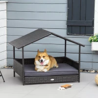PawHut Wicker Dog Bed, Elevated Rattan Dog House with Removable Cushion and Canopy, for Small and Medium Dogs, 98 x 69 x 70cm - Grey(m-2)