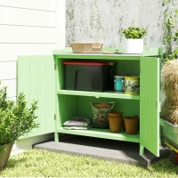 Outsunny Wood Garden Storage Cabinet, Outdoor Tool Shed, Potting Bench Table with galvanised Top and Two Shelves for garden Tools or Pool Accessories, Green(m-2)