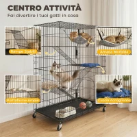 PawHut Gabbia Gatti a 4 Livelli con Amaca, Letto, Rampe e Piattaforme in Metallo con Ruote e Vassoio Estraibile, Nero(m-6)