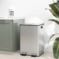 HOMCOM Poubelle de cuisine double, 2 x 28L, 2 couvercles à fermeture douce, seaux intérieurs amovibles et poignées(m-10)