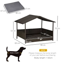 PawHut Wicker Dog Bed, Elevated Rattan Dog House with Removable Cushion and Canopy, for Small and Medium Dogs, 98 x 69 x 70cm - Grey(m-3)