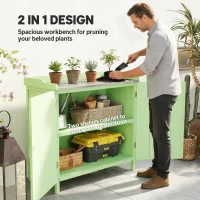 Outsunny Wood Garden Storage Cabinet, Outdoor Tool Shed, Potting Bench Table with galvanised Top and Two Shelves for garden Tools or Pool Accessories, Green(m-4)