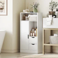 HOMCOM Meuble de salle de bain, meuble de rangement étroit avec 2 tiroirs, compartiments ouverts, 50x25x100cm, blanc(m-10)