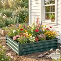 Outsunny Letto per Orto Rialzato a Fondo Aperto con Rivestimento, in Acciaio Zincato, 120x120x30 cm, Verde(m-9)